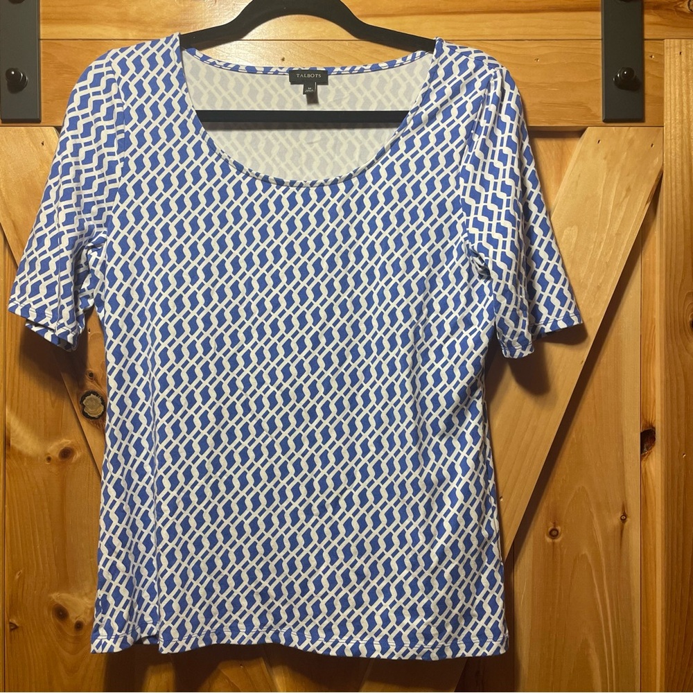 Talbots Blue and White Geometric Scoop Neck Top